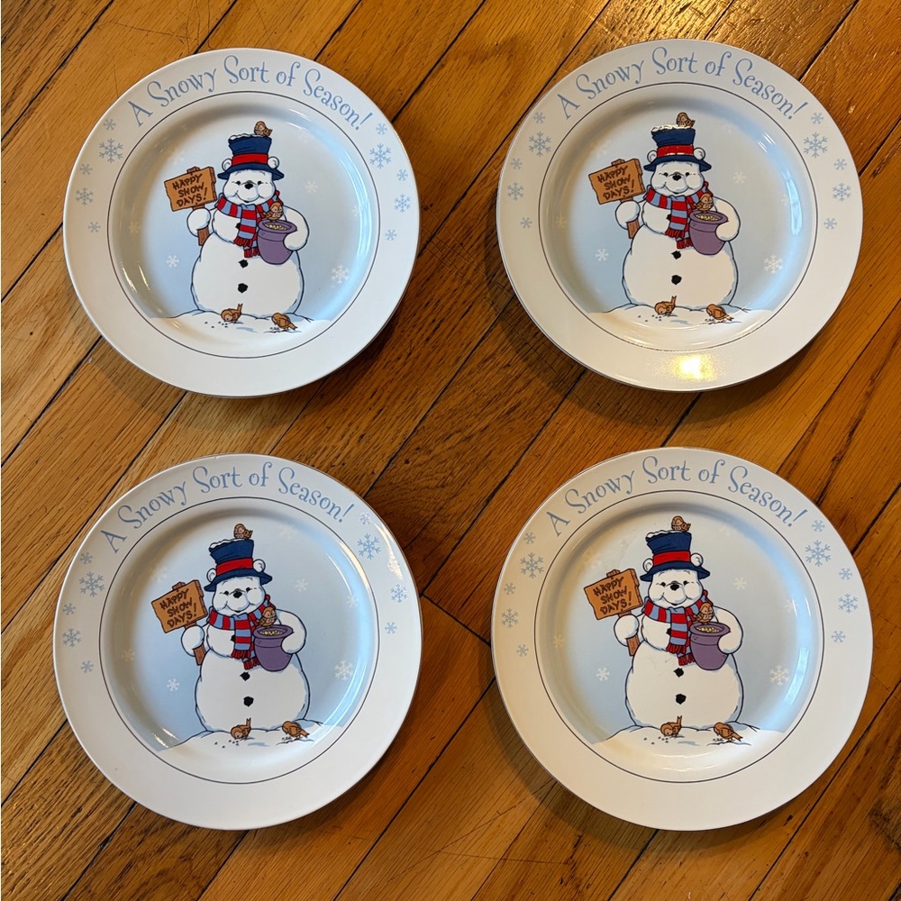 Disney Winnie the Pooh Dessert Stoneware Plates Set of 4. A Snow Sort of Season!